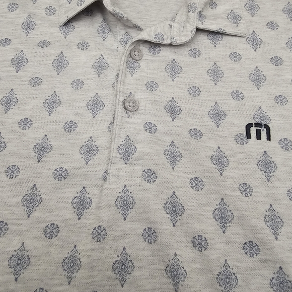 Travis Mathew‎ Atole Mens Large Short Sleeve Golf Polo Shirt Gray Blue Geo-Print - Picture 4 of 7